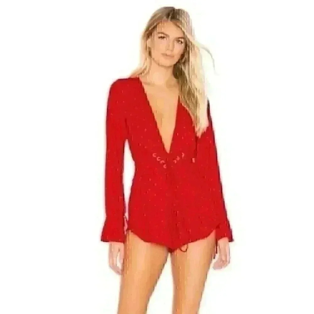Beach Riot Vena Womens XS Red Gold Stud Lace Up Belted Romper Party Glam NWT